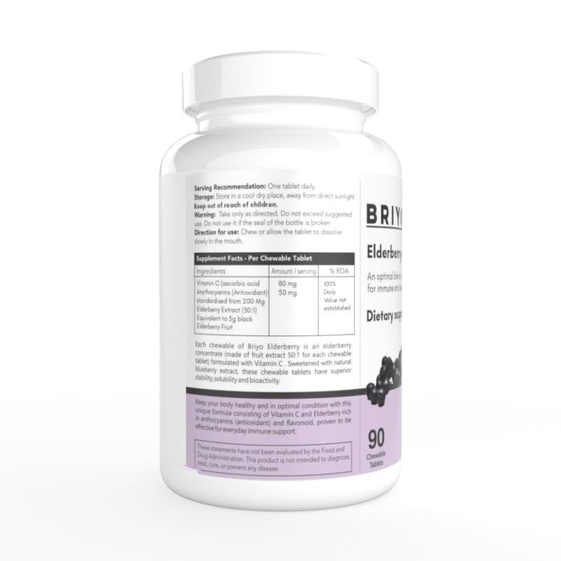 Briyo Elderberry Plus Vitamin C - 90 Chewable Tablets - For Daily Immune Support Immunity Booster, Healthy Antioxidants and Skin Care (Natural Berry Flavour) - Image 8