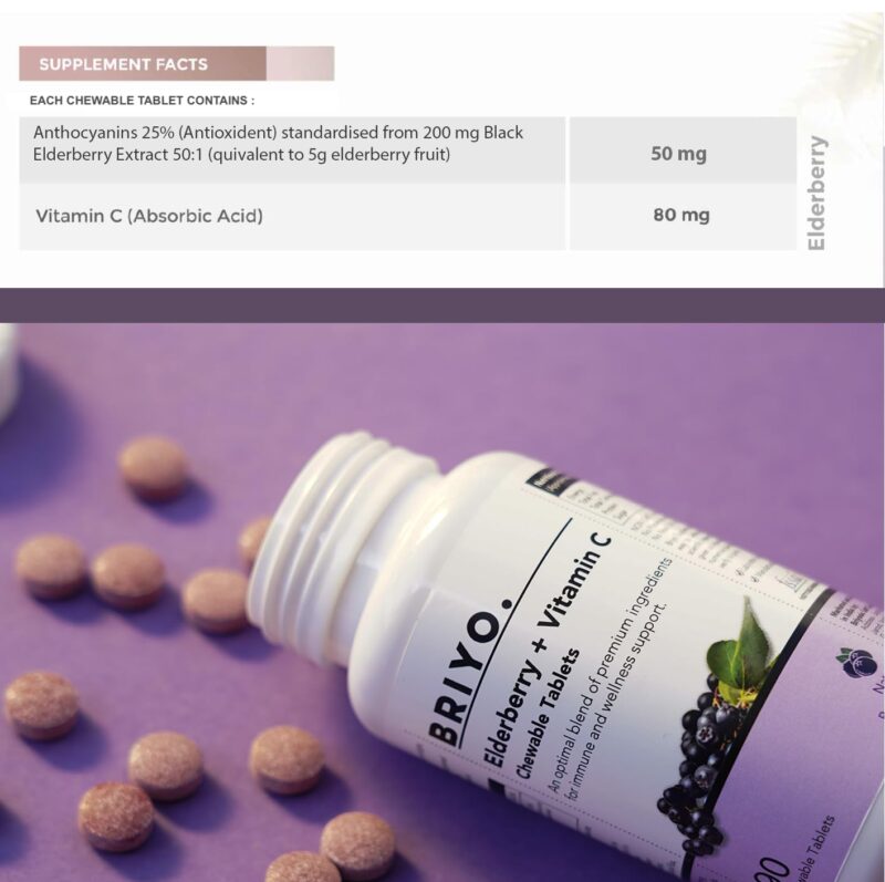 Briyo Elderberry Plus Vitamin C - 90 Chewable Tablets - For Daily Immune Support Immunity Booster, Healthy Antioxidants and Skin Care (Natural Berry Flavour) - Image 4