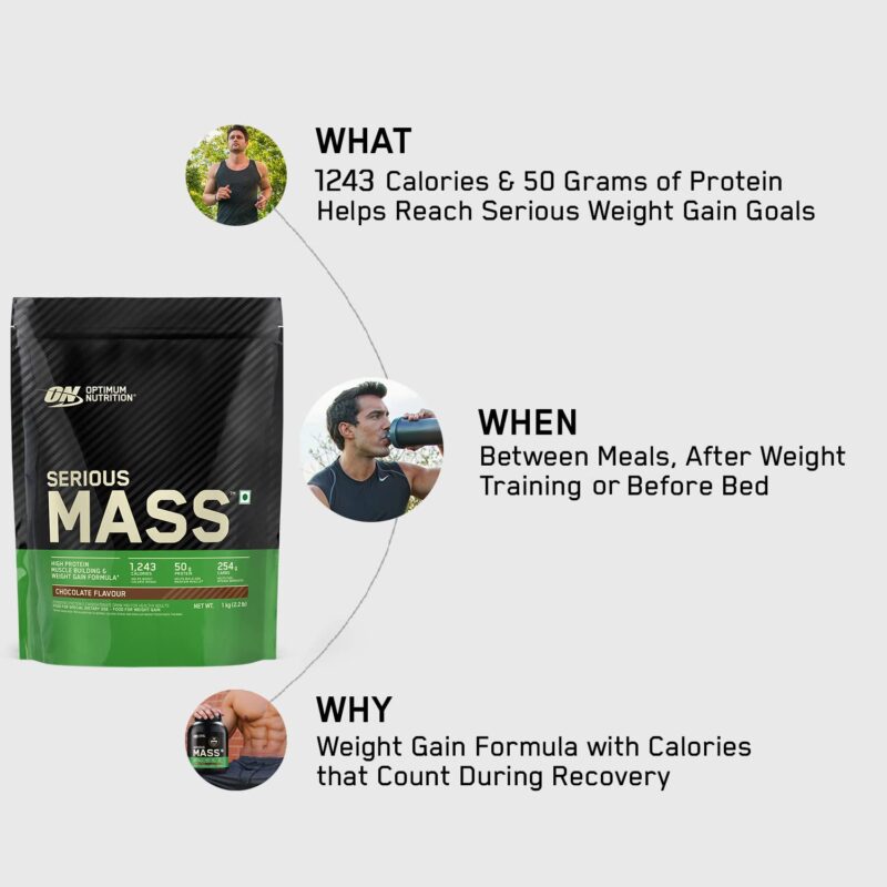 Optimum Nutrition (ON) Serious Mass High Protein High Calorie Weight Gainer Powder - 1 kg (Chocolate) with Vitamins and Minerals, Suitable for Vegetarians - Image 5