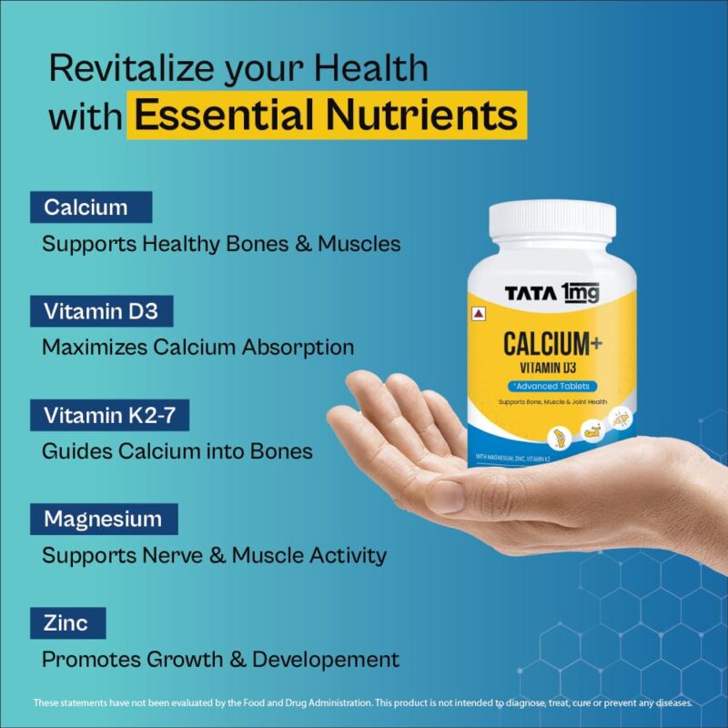 TATA 1mg Calcium & Vitamin D3 supplement with Zinc, Magnesium & Alfalfa | High absorption Calcium Citrate Malate form | 500mg Calcium & 400iu Vitamin D3 | For strong bones & joints | 60 tablets - Image 6