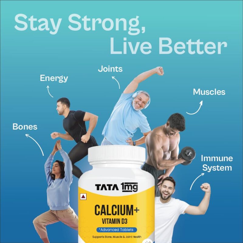 TATA 1mg Calcium & Vitamin D3 supplement with Zinc, Magnesium & Alfalfa | High absorption Calcium Citrate Malate form | 500mg Calcium & 400iu Vitamin D3 | For strong bones & joints | 60 tablets - Image 2