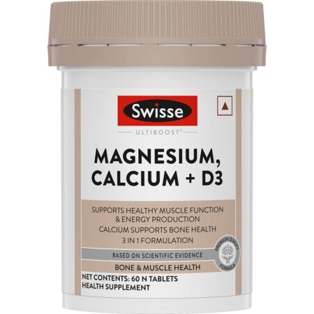 Swisse Magnesium, Calcium+D3 Australia's No.1 Magnesium Supplement - Supports Muscle Function, Energy & Bone Health (Manufactured In Australia) - 60 Tablets (1 Tablet Per Serving)