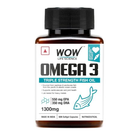 WOW Life Science Omega-3 Fish Oil 1300 mg Triple Strength - 550mg EPA &; 350mg DHA for Joints, Heart & Brain Health 60 Capsules
