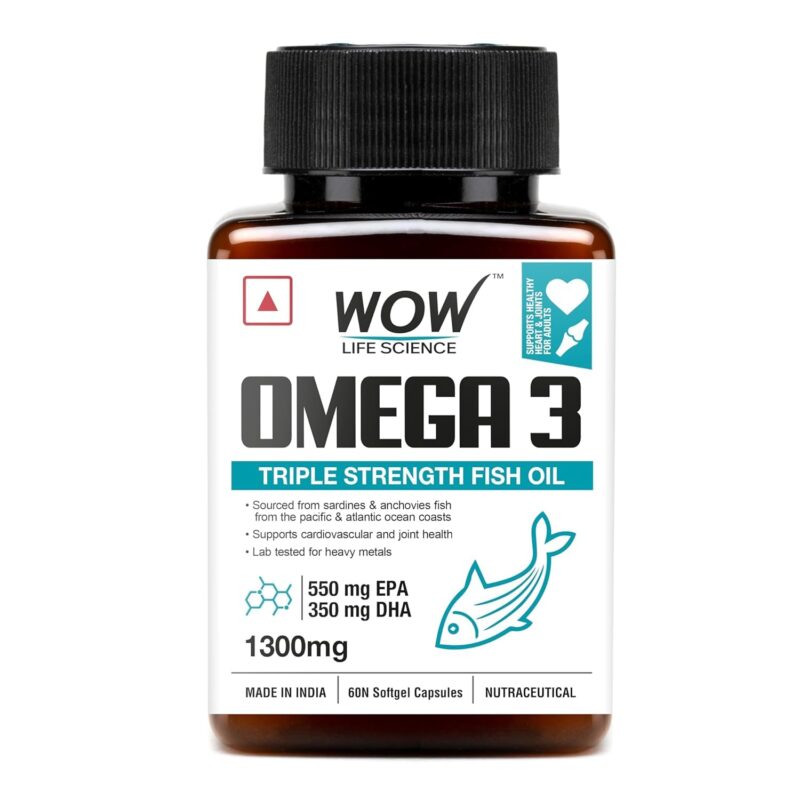 WOW Life Science Omega-3 Fish Oil 1300 mg Triple Strength - 550mg EPA &; 350mg DHA for Joints, Heart & Brain Health 60 Capsules