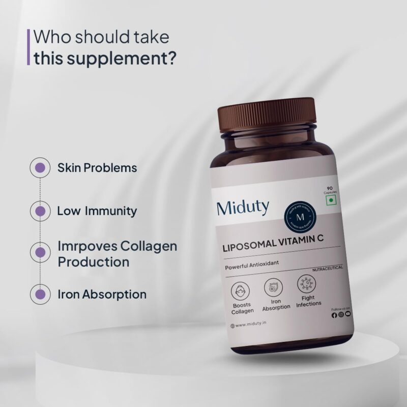 Miduty Liposomal Vitamin C Supplement Bioavailability, Antioxidant Vitamin, Skin Rejuvenation & Immunity Booster Body Detoxification - Zeal Technology - 90 Capsules - Image 7