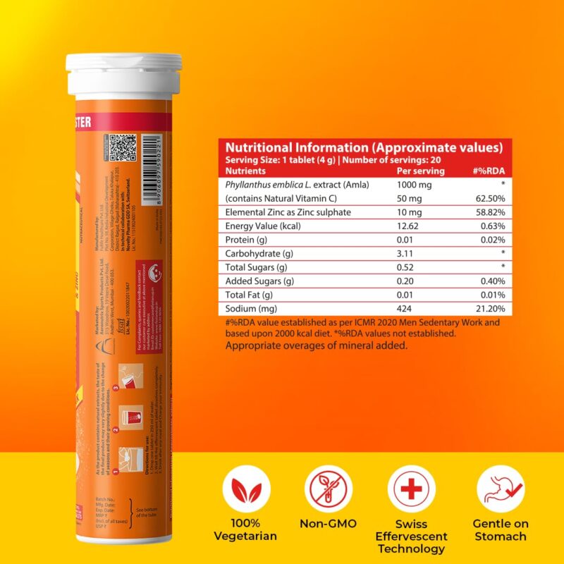 Fast&Up Charge Natural Vitamin C - 60 Effervescent Tablets, Amla Extract + Zinc for Daily Immunity | Helps to boost & Strengthens Collagen for Healthy Skin, Hair & Nails- Orange Flavour - Image 4