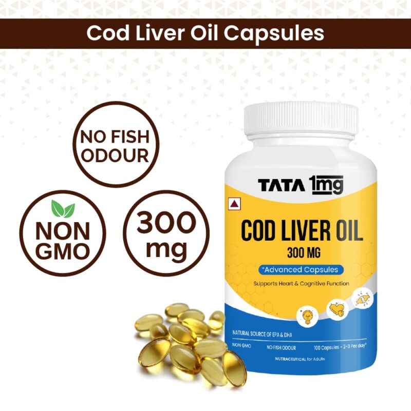 Tata 1mg Cod Liver Oil Supplement with Omega 3,Vitamin A and D - 100 Capsules | Supports Heart, Brain, Joint and Vision Health | Fish Oil for Women & Men | No Fish Odour & Non-GMO - Image 3