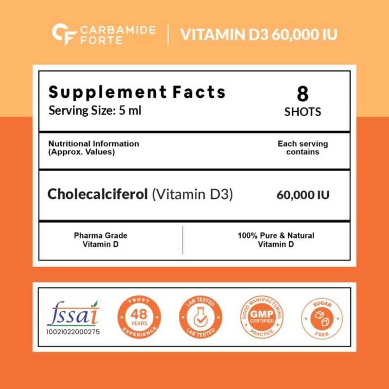 Carbamide Forte Vitamin D3 60000iu Shots | Vitamin D3 60000 iu Sugar Free Oral Solution| Vitamin D 3 60K Supplement for Men & Women – 5ml Orange Flavour (Pack of 8) - Image 10