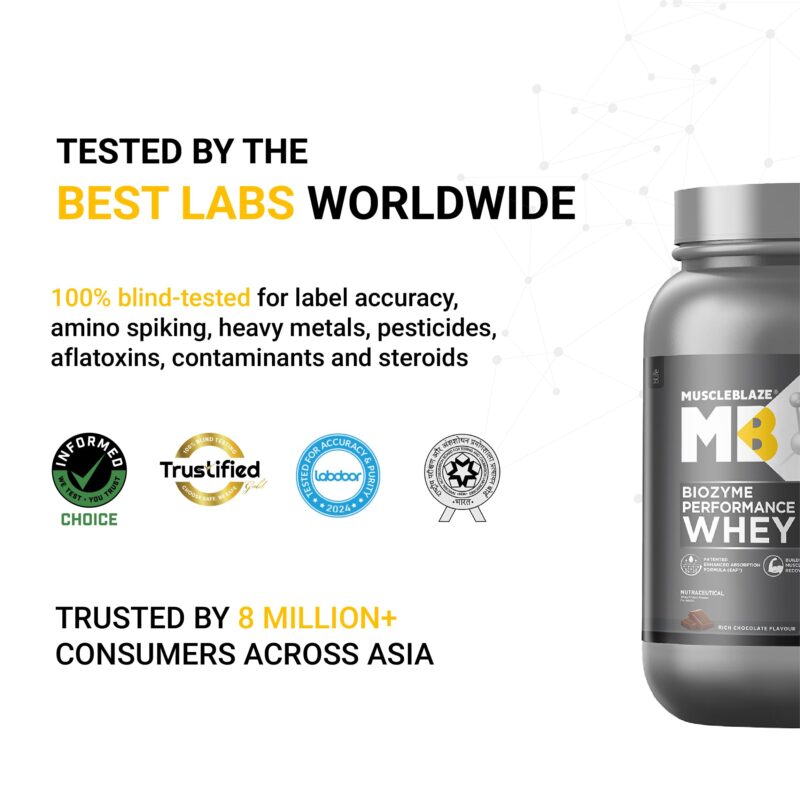 MuscleBlaze Biozyme Performance Whey Protein Powder, Rich Chocolate (1kg / 2.2lbs) | 25g Protein Per Scoop | Clinically Tested 50% Higher Protein Absorption - Image 6