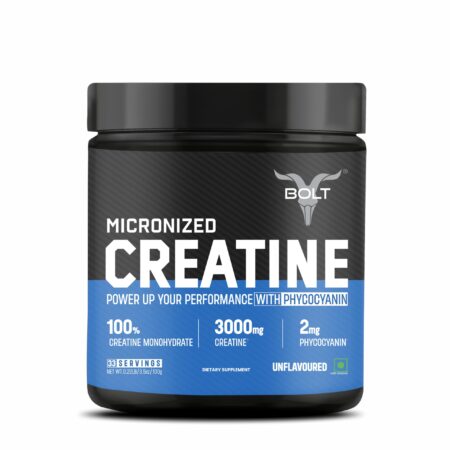 Bolt Micronised Creatine Monohydrate 3000 Powder|With Phycocyanine|Boosts Athletic Performance|Provides Energy Support For Heavy Workout|Formulated In Usa|100 grams (0.22Lb),33 Serving|Unflavored