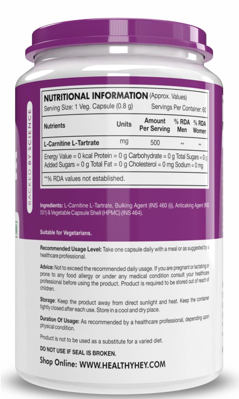 HealthyHey L-Carnitine & L-Tartrate (LCLT)-Support Transport of Fats to Muscles - 60 Vegetable Capsules (Pack of 1) - Image 6