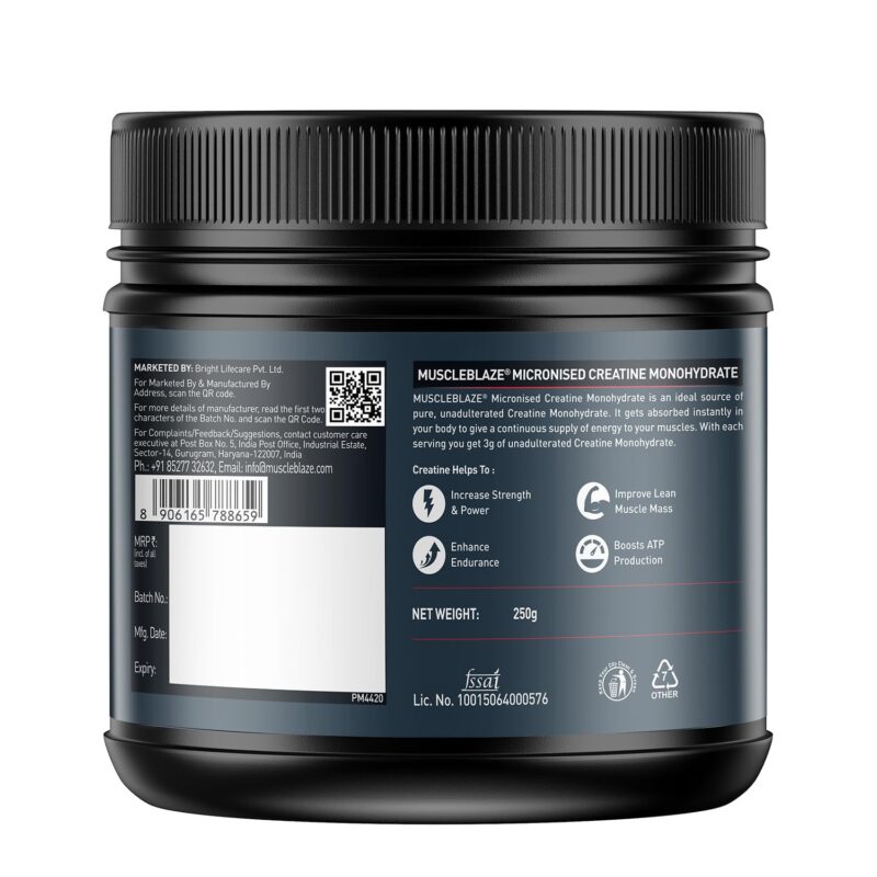 MuscleBlaze Micronized Creatine Monohydrate Powder, Unflavoured (83 Servings, 250g) with Shaker | Pack of 2 | Trustified Certified Creatine - Image 4