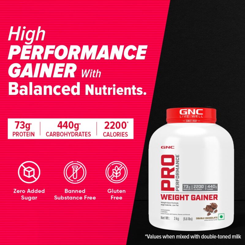 GNC Pro Performance Weight Gainer|3 Kg|Healthy Body Gains|Reduces Muscle Breakdown|Increases Energy & Endurance|73g Protein|440g Carbs|2200 Cal|Double Chocolate, powder, 1 count, 6 Servings - Image 9