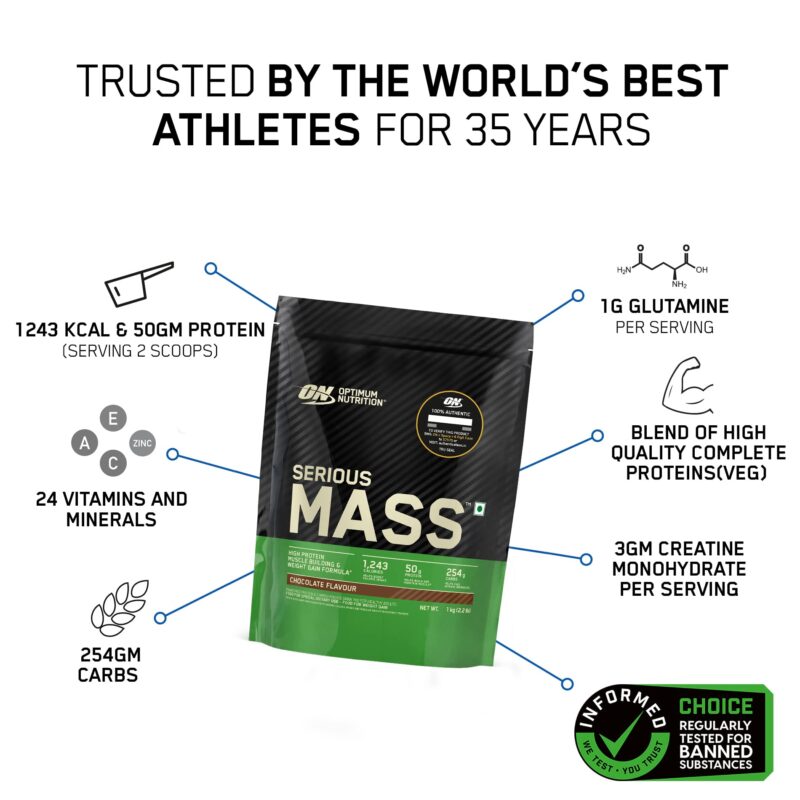 Optimum Nutrition (ON) Serious Mass High Protein High Calorie Weight Gainer Powder - 1 kg (Chocolate) with Vitamins and Minerals, Suitable for Vegetarians - Image 9