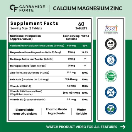 Carbamide Forte Calcium & Vitamin D3 Tablets | Calcium Tablets for Women & Man | Calcium Magnesium Zinc Tablets | Calcium Supplements for Men with Calcium Citrate, Calcium Tablet with Vitamin K2 MK7 & Vitamin B12 - Bone Health & Joint Support - 60 Calcium