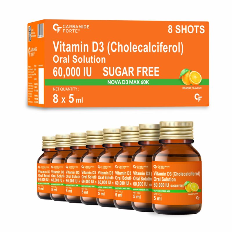Carbamide Forte Vitamin D3 60000iu Shots | Vitamin D3 60000 iu Sugar Free Oral Solution| Vitamin D 3 60K Supplement for Men & Women – 5ml Orange Flavour (Pack of 8)