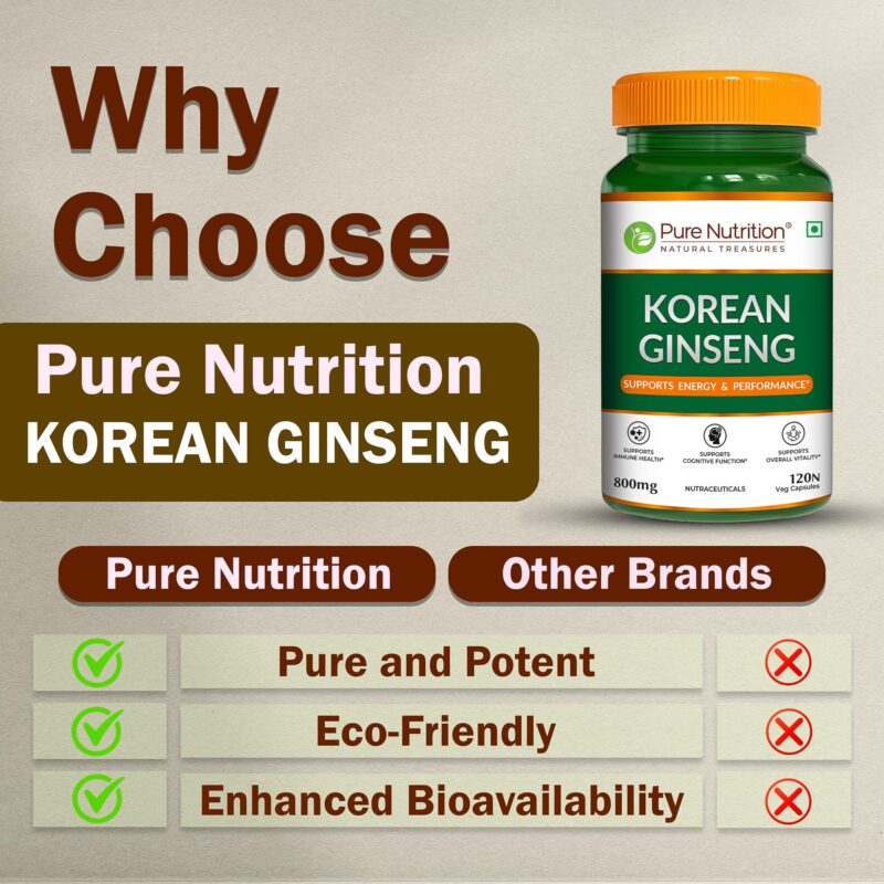 Pure Nutrition Korean Ginseng 800mg – 120 Veg Capsules | Boosts Energy & Focus | Supports Cognitive Function, Vitality, Strength & Immunity - Image 4