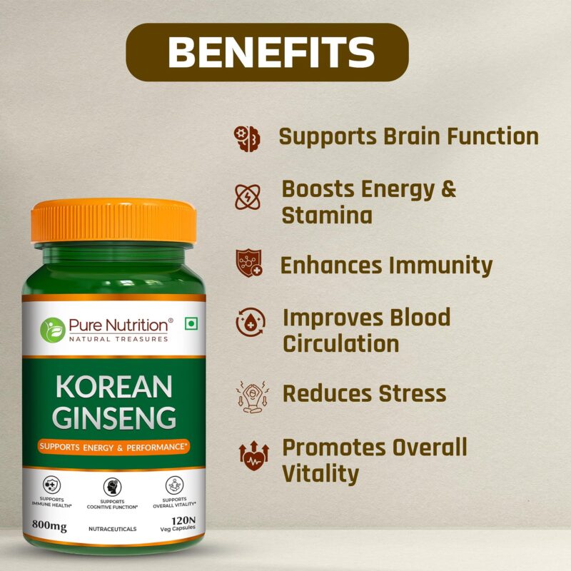 Pure Nutrition Korean Ginseng 800mg – 120 Veg Capsules | Boosts Energy & Focus | Supports Cognitive Function, Vitality, Strength & Immunity - Image 7