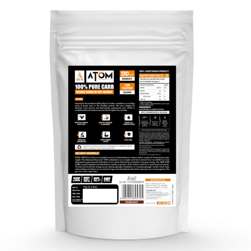 Asitis Nutrition Atom 100% Pure Carb 1Kg | For Faster Weight Gains | Reliable Source Of Fast Calories |130 Kcal Energy | Hazelnut Flavor - Image 7
