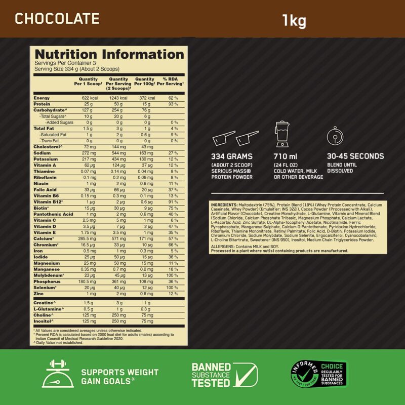 Optimum Nutrition (ON) Serious Mass High Protein High Calorie Weight Gainer Powder - 1 kg (Chocolate) with Vitamins and Minerals, Suitable for Vegetarians - Image 6