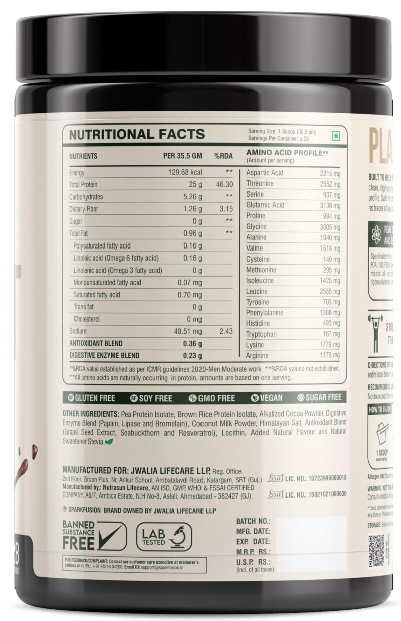 Sparkfusion Vegan Plant Protein Powder Organic Isolated Pea &; Brown Rice Protein 25 gm Protein Easy To Digest Triple|Chocolate Flavour 1 kg - Image 4