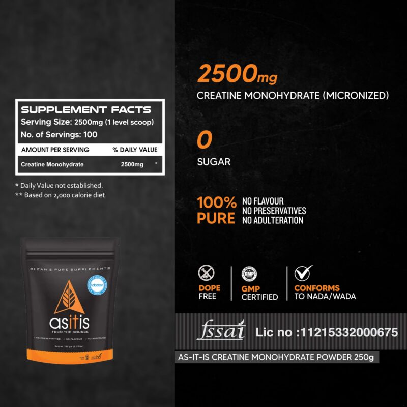 AS-IT-IS Nutrition 100% Creatine Monohydrate, Pure 2.5g Micronized Powder with Rapid Dissolution & Absorption, USA Labdoor Certified for Accuracy & Purity, Supports Performance & Recovery- Unflavored, Single Ingredient- 250g (100 servings) - Image 7