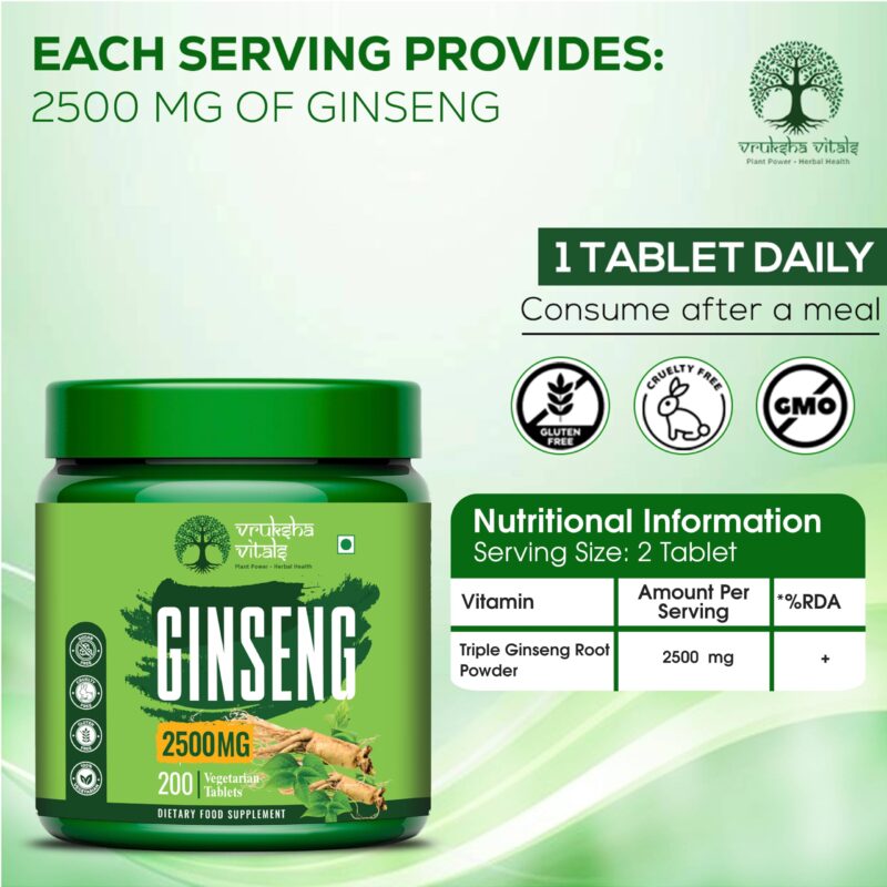 Vruksha Vitals Triple Ginseng Root - 2500 mg - Korean Red Panax Ginseng, Siberian and American Ginseng Extract Powder Tablets Capsules Supplement - Image 8