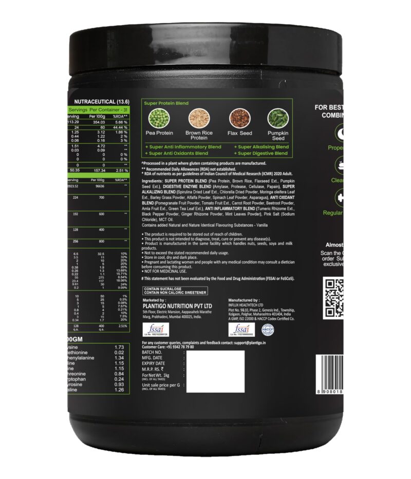 Plantigo Plant Protein Powder 1kg Vanilla Flavoured for Women &; Men | 24g Protein, 4.4g BCAA, 2g Leucine, All Amino Acids, 4X Fast Digestion, No Sugar, No Preservative | Clean Vegan Pea Protein Powder - Image 8