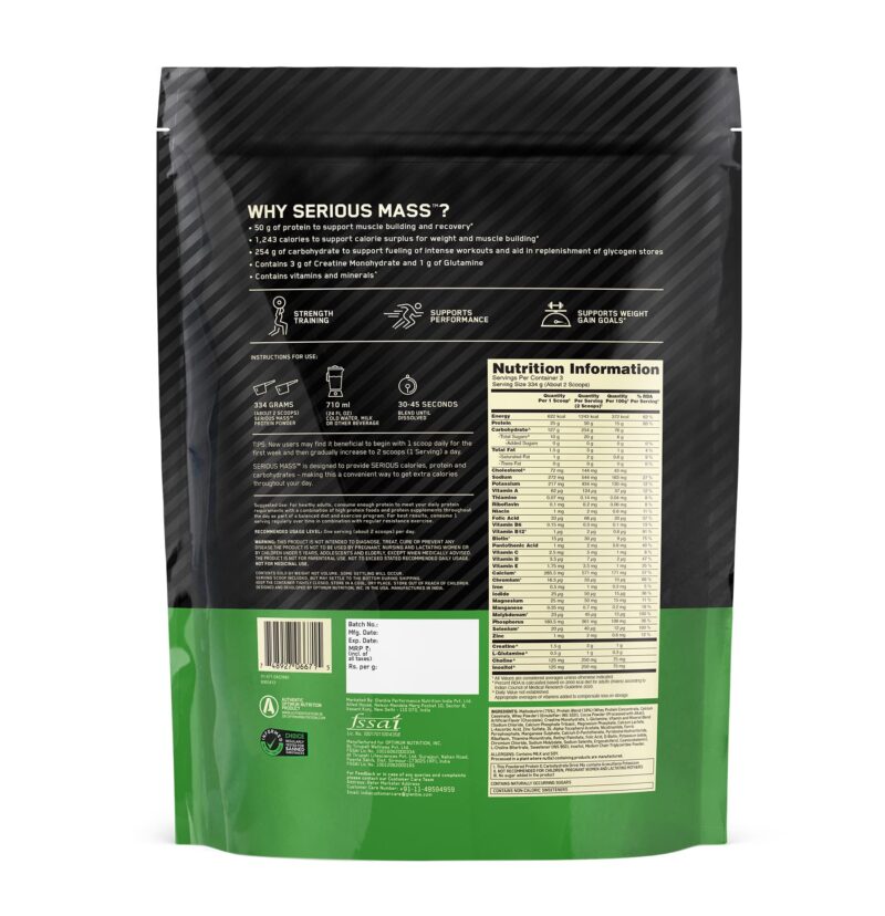Optimum Nutrition (ON) Serious Mass High Protein High Calorie Weight Gainer Powder - 1 kg (Chocolate) with Vitamins and Minerals, Suitable for Vegetarians - Image 4