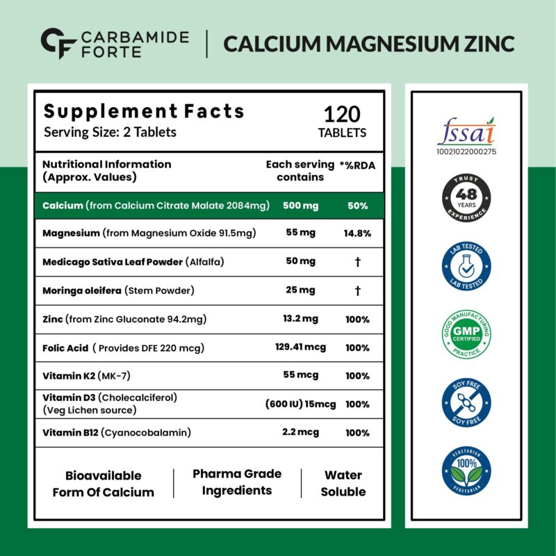 Carbamide Forte Calcium & Vitamin D3 Tablets | Calcium Magnesium Zinc - Bone Health &; Joint Support - 120 Tablets - Image 9