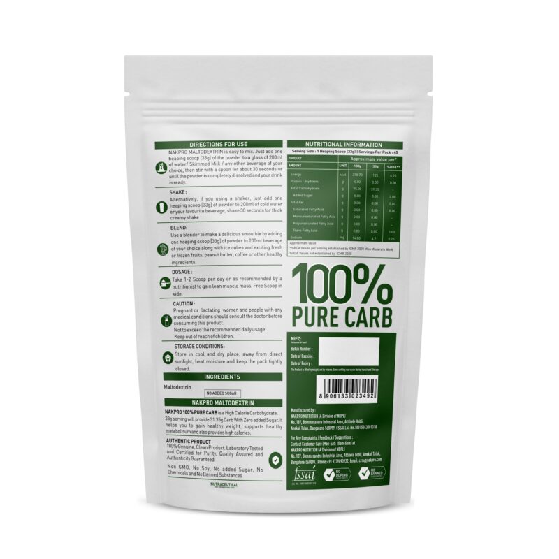 NAKPRO 100% PURE CARB | High Calorie Carbohydrate for Weight Gain & Mass Gain | Easy Mixing, Fast Digesting Supplement Powder (1.5 Kg, Unflavoured) - Image 6