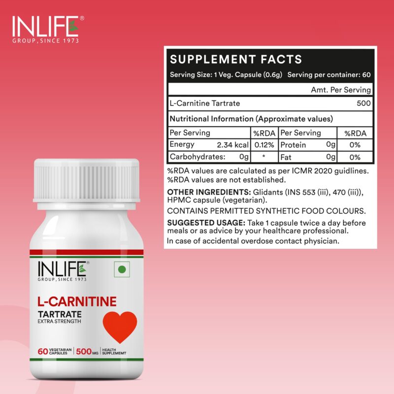 INLIFE L-Carnitine L-Tartrate Capsules 1000mg | Supports Muscle Health & Excercise Recovery | Supplement for Men Women - 60 Vegetarian Capsules (Pack of 1, 60) - Image 7