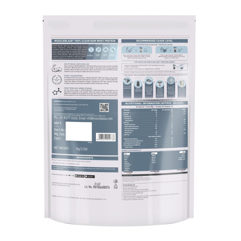 MuscleBlaze 100% Clean Raw Whey Protein Concentrate (Unflavoured, 1kg) | Easy to Digest - Image 8