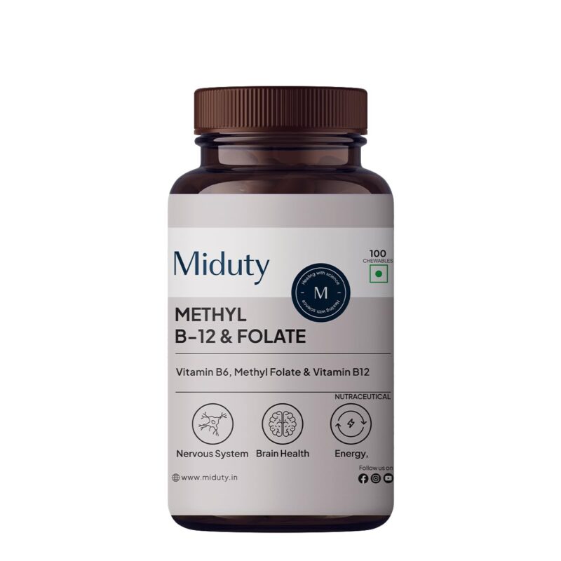 Miduty Vitamin B12 – Active Methylcobalamin - Bioactive B-Complex with B6, B9, B12 – Triple Power Punch Formula for Energy, Mood, Brain & Nerve Support – Fast Absorbing Chewable – 60 Veg Tablets