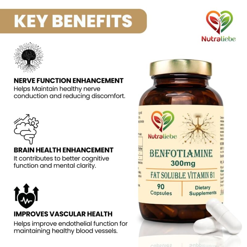 NutraLiebe Benfotiamine 300mg - Fat Soluble Vitamin B1 for Nerve Health Support, 90 Capsules - Image 6