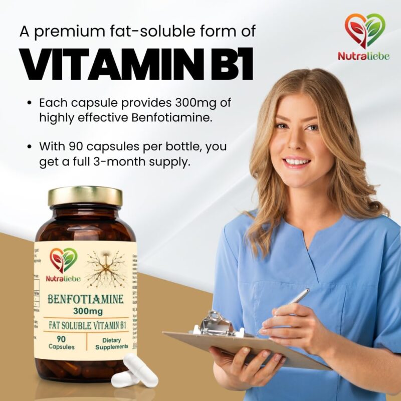 NutraLiebe Benfotiamine 300mg - Fat Soluble Vitamin B1 for Nerve Health Support, 90 Capsules - Image 5