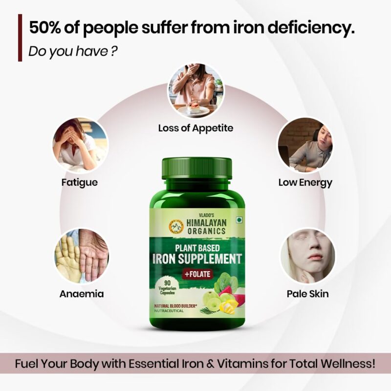 Vlado's Himalayan Organics Plant Based Iron Supplement With Folate | Boost Energy (90 Capsules) - Image 5