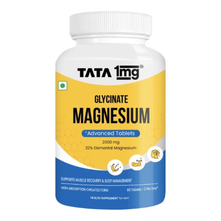 Tata 1mg Magnesium Glycinate Tablets | High Absorption Chelated form for Muscle Recovery, Sleep & Nerve Health | 2000mg Per Serving – 60 Veg Tablets