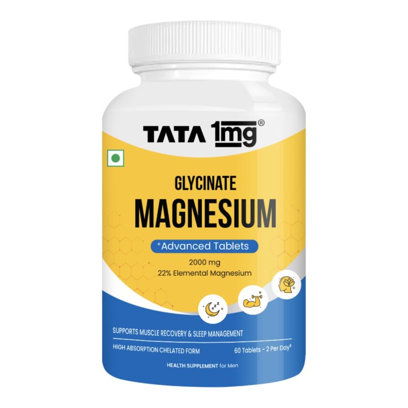 Tata 1mg Magnesium Glycinate Tablets | High Absorption Chelated form for Muscle Recovery, Sleep & Nerve Health | 2000mg Per Serving – 60 Veg Tablets