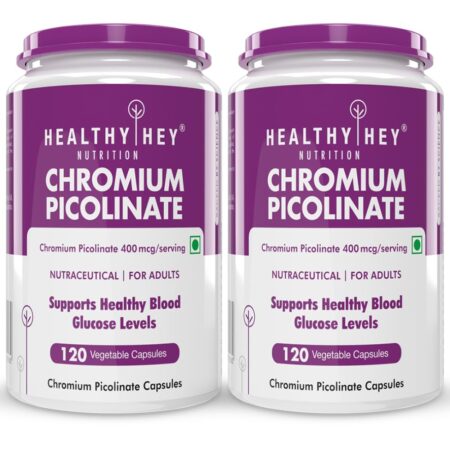 HealthyHey Nutririon Chromium Picolinate 400mcg - Support Glucose Metabolism (High Absorption) 120 Vegan Safe Capsules, Non-GMO, Gluten Free - Pack of 2