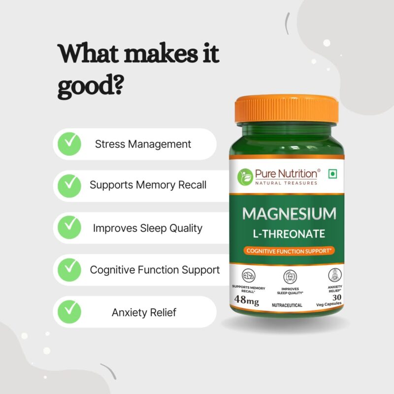 Pure Nutrition Magnesium L-Threonate 48 Mg 30 Veg Capsules|Enhances Memory, Cognitive Function & Brain Health|Supports Relaxation & Better Sleep - Image 3