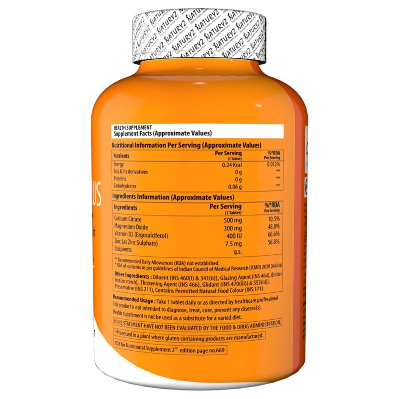 Naturyz Calcium Plus with Calcium Citrate, Vitamin D, Magnesium and Zinc Ideal Supplement for Bone Health & Joint Support of Men & Women - 120 Tablets - Image 9