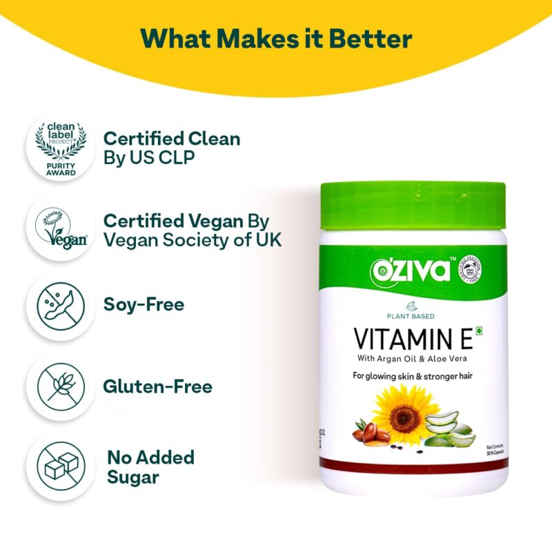 OZiva Plant Based Natural Vitamin E Capsules for Face & Hair with Sunflower oil, Aloe vera oil ,Argan oil, Vegan &Natural Vitamin E for Glowing Skin & Stronger Hair (Vitamin E, Pack of 1, 30 Capsules) - Image 6