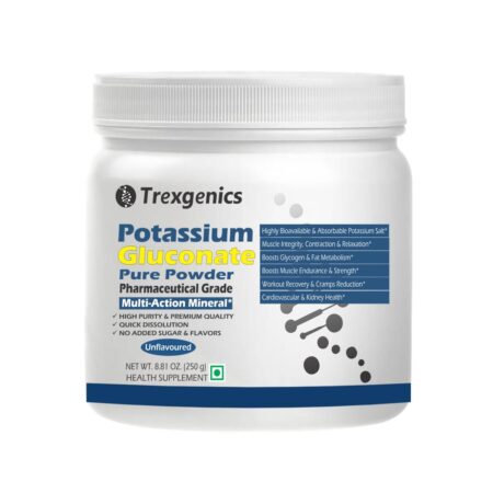 Trexgenics POTASSIUM GLUCONATE Pure Powder Pharmaceutical Grade Electrolyte Balance, Nerve & Muscle Health (250 gram / 8.81 OZ)