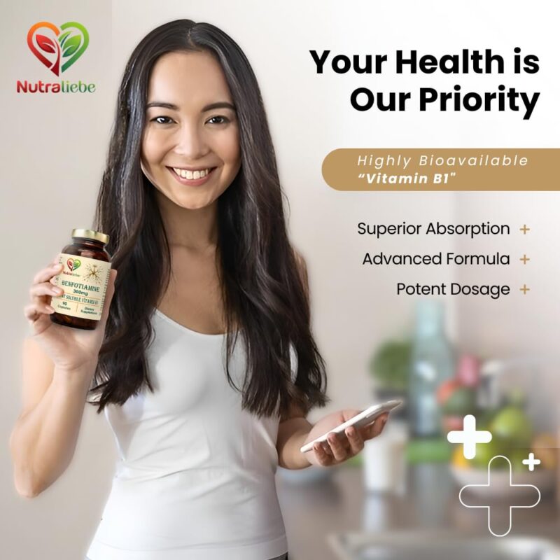 NutraLiebe Benfotiamine 300mg - Fat Soluble Vitamin B1 for Nerve Health Support, 90 Capsules - Image 7