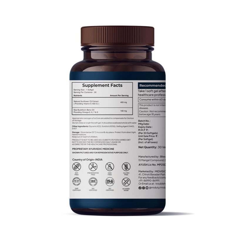 Miduty Pure Natural Vitamin E Capsules, Enhanced with Omega-3-6 - 7-9 - Sea Buckthorn Berry Oil - Boosts Immunity - Balance cholesterol - Better Heart health - 30 Softgel - Image 3