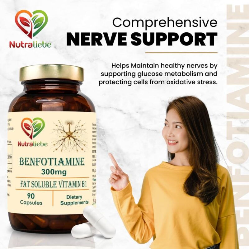 NutraLiebe Benfotiamine 300mg - Fat Soluble Vitamin B1 for Nerve Health Support, 90 Capsules - Image 3