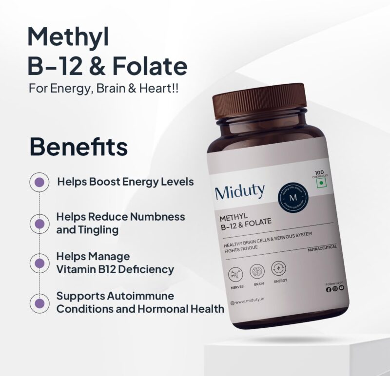 Miduty Vitamin B12 – Active Methylcobalamin - Bioactive B-Complex with B6, B9, B12 – Triple Power Punch Formula for Energy, Mood, Brain & Nerve Support – Fast Absorbing Chewable – 60 Veg Tablets - Image 6