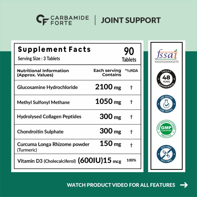 Carbamide Forte Glucosamine Tablets - Joint Support Supplement with Collagen & Glucosamine Chondroitin MSM | Joint Cartilage Support & Muscle Health | Joint Pain Tablets - 90 - Image 9