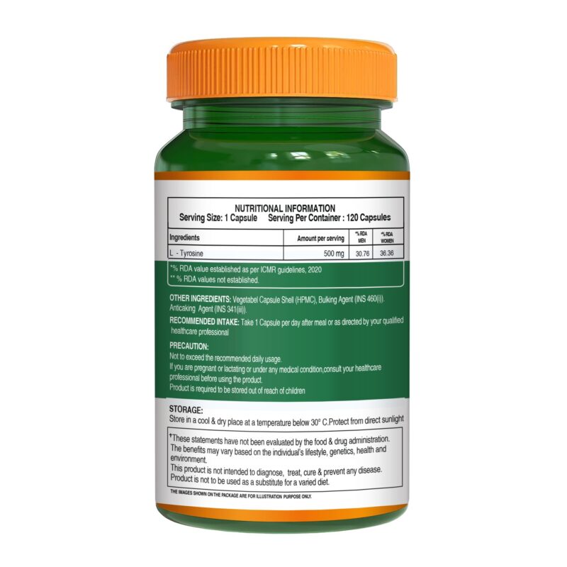 Pure Nutrition L Tyrosine (500mg), 120 Veg Capsules | Supports Cognitive Health, Memory, Focus & Brain Function | Reduces Stress & Fatigue | Promotes Thyroid Health - Image 2